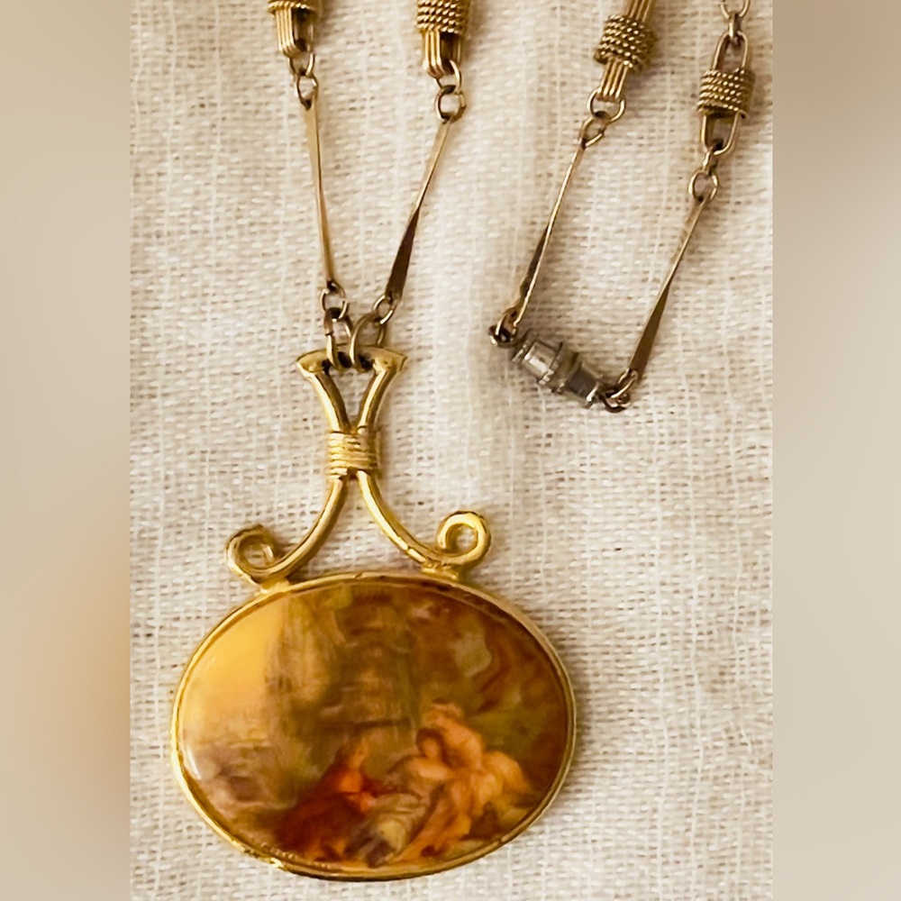 Rare Signed .950 Silver Vermeil Fragonard Porcelain Necklace - 26.3g